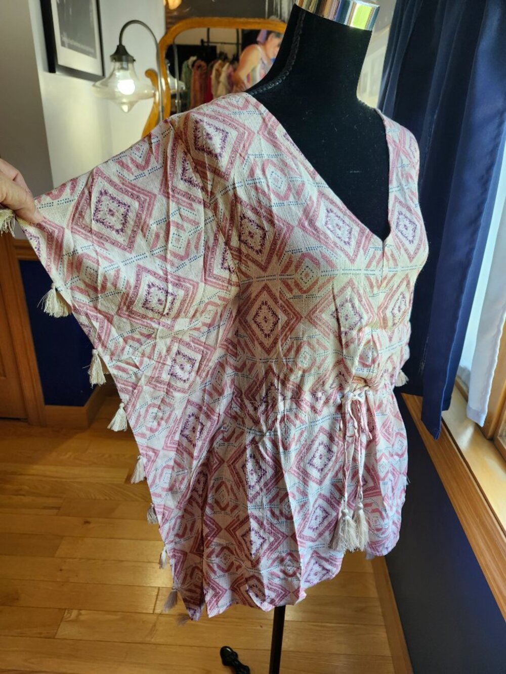 Shop Neighbor Boho V-Neck Adjustable Waist Multi Print Tunic Top w/Tassels